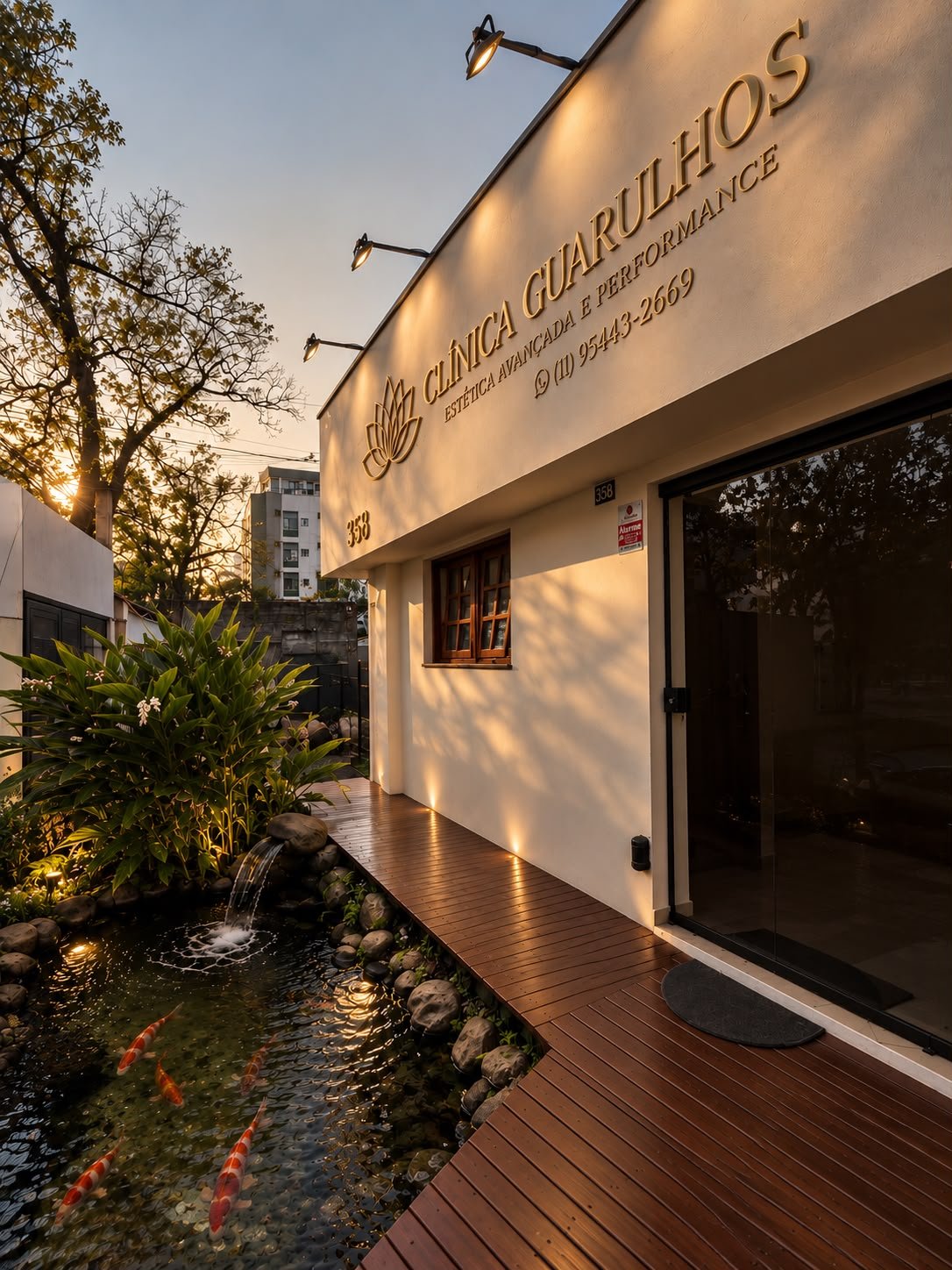 Fachada da Clínica Guarulhos com jardim e lago de carpas