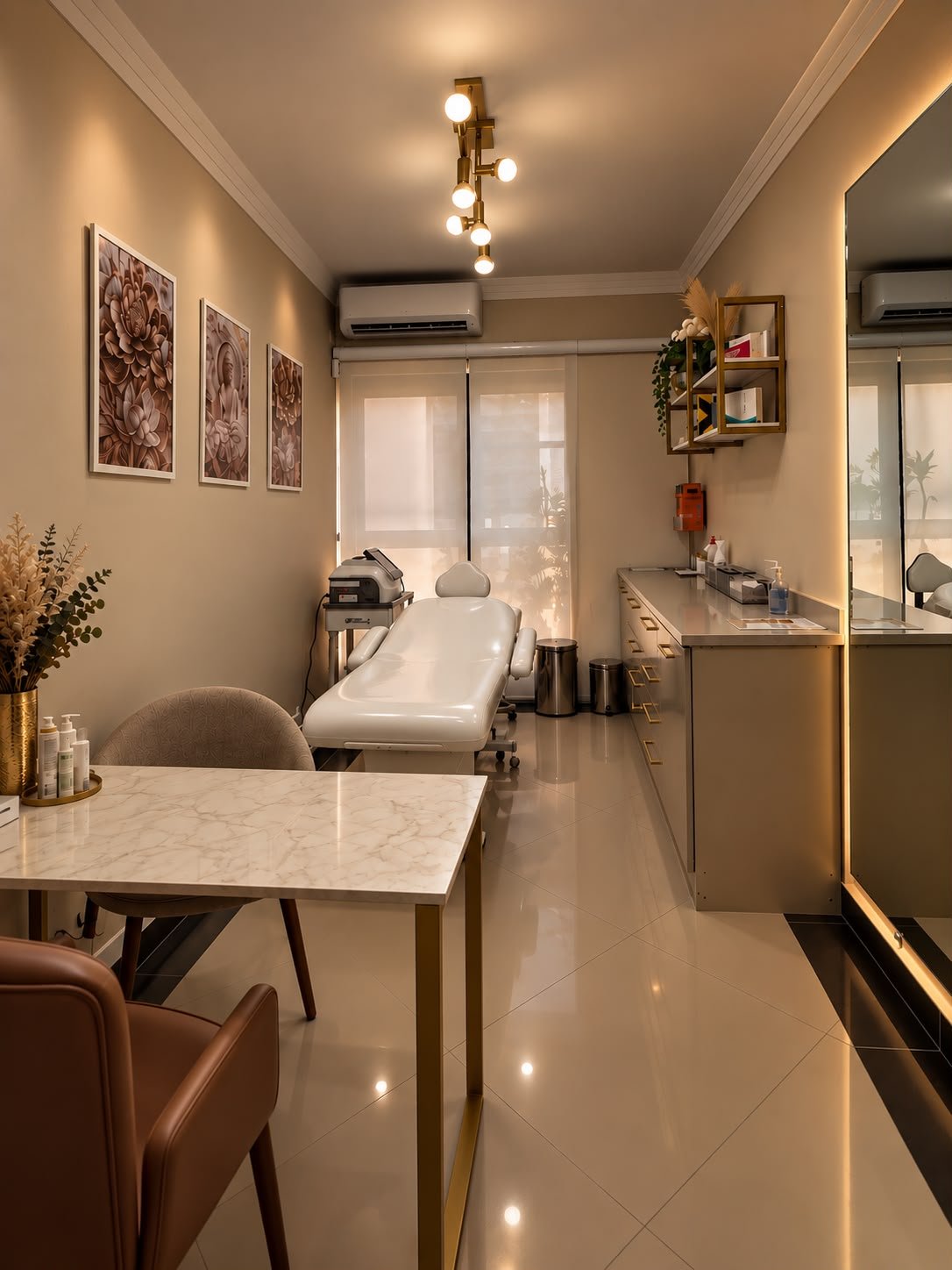 Sala de atendimento com maca, mesa de mármore e detalhes dourados